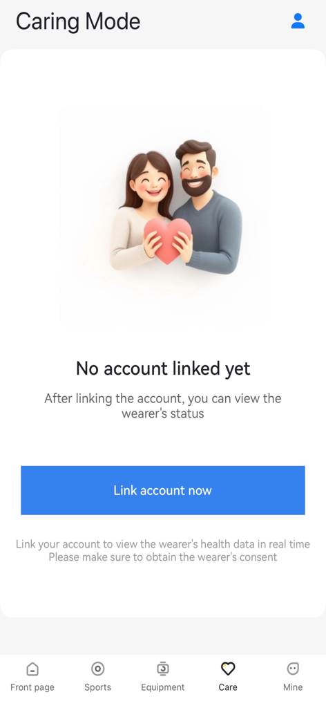H wear Pro - The Caring Mode screen in the H wear Pro app featuring a link account button to monitor another user health data