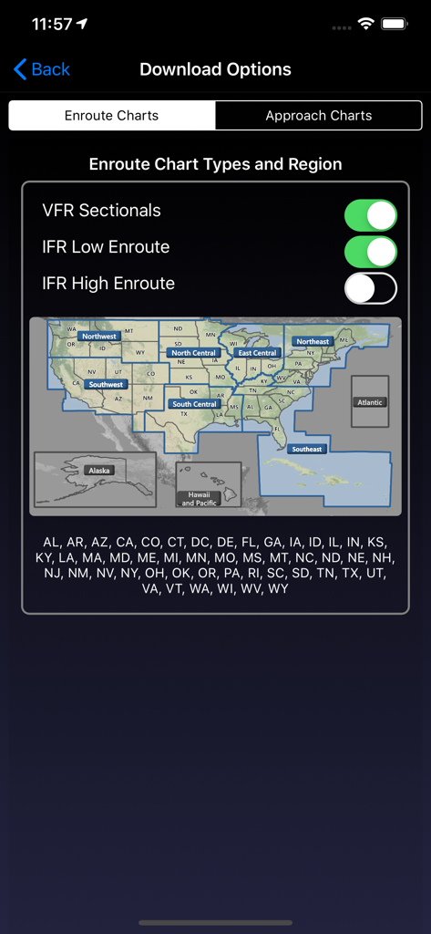 WingX app Download Options screen for selecting enroute charts and US regions