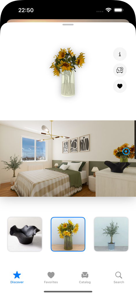 HomeByMe Reality – Deco 3D - Interface of the HomeByMe Reality app showing a 3D bedroom design and a selection of home decor items including a vase of sunflowers