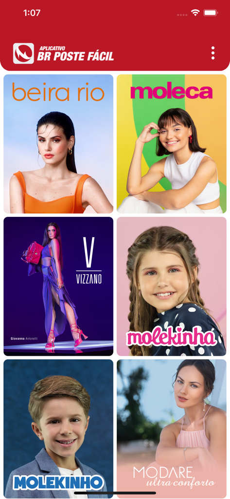 Beira Rio - Poste Fácil - Screen showing a grid of footwear brands like Vizzano and Moleca in the Beira Rio Poste Facil app for social media marketing