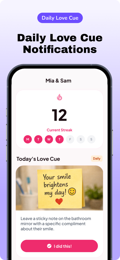 PairQ - Love Cue & Couple Quiz - PairQ app interface showing a twelve day relationship streak and a daily love cue task