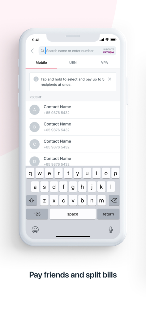 DBS PayLah! - DBS PayLah app interface for paying friends and splitting bills with a contact list and search bar