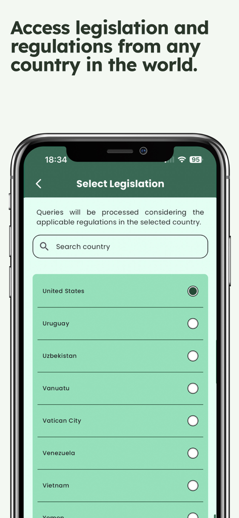 Legal AI Assistant: Law Help - Mobile app screen for selecting specific country legislation and regulations.