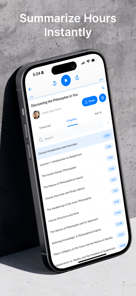ScreenApp Meeting Minutes AI - iPhone screen displaying ScreenApp interface with AI generated chapters and timestamps for a recorded lecture