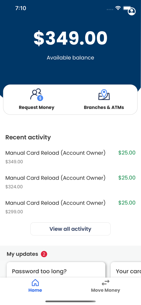 Navy Federal GO Prepaid app home screen displaying available balance and recent transaction activity.