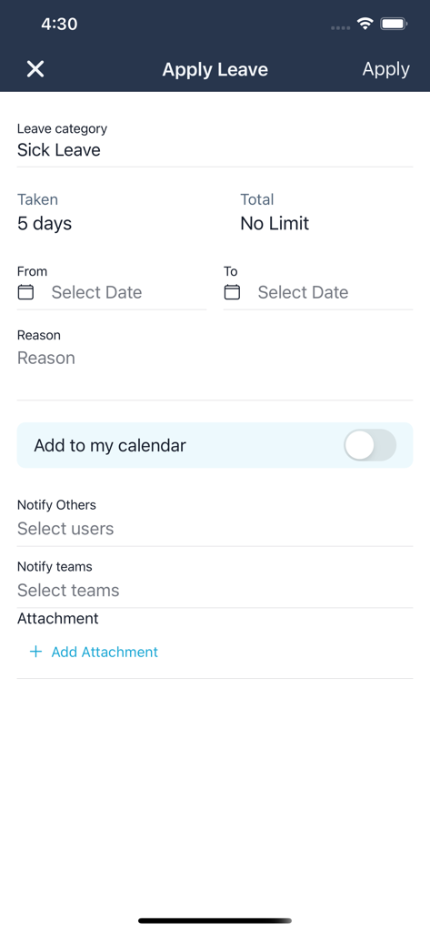 peopleHum - User interface of the peopleHum mobile app for submitting a leave request