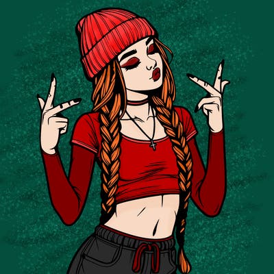 realistic teenage girl with braids and a beanie and crop top doing 🫶🏼