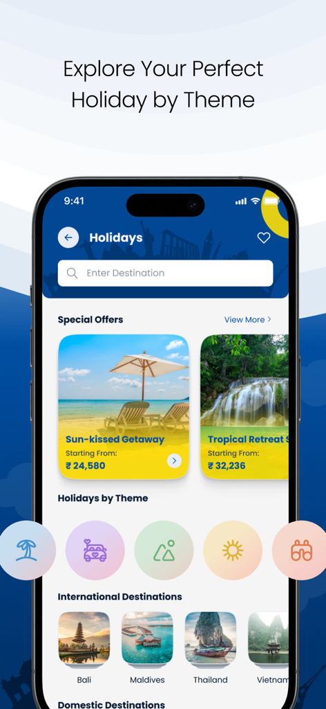 旅行の特典やホリデーのテーマを表示するトーマス・クック・ホリデーズ・アプリのホーム画面