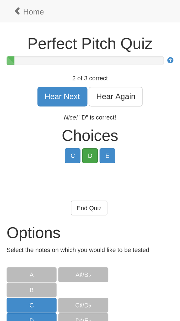 Toned Ear - Perfect pitch quiz interface in the Toned Ear music education app