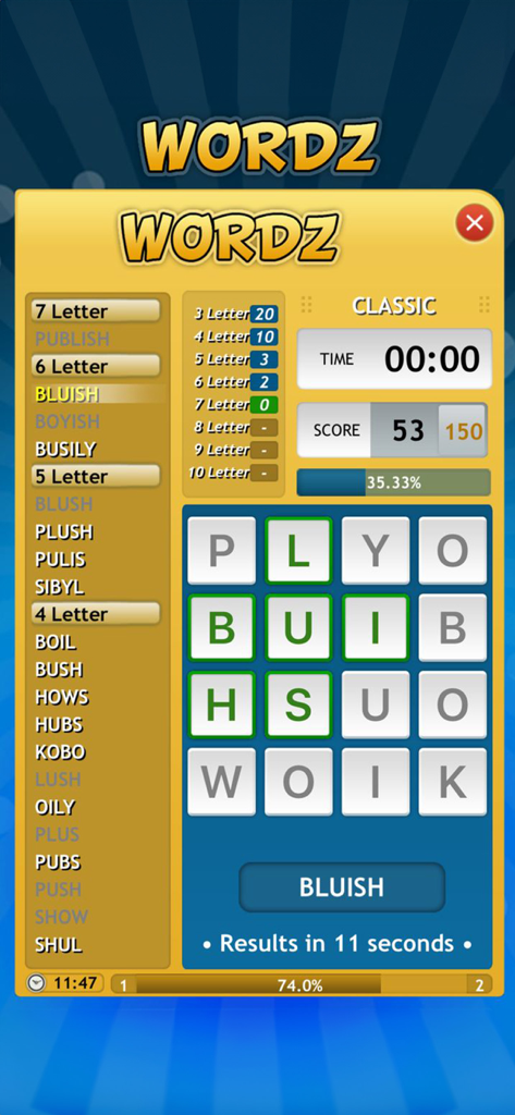 Wordz Plus mobile app gameplay showing a letter grid and list of found words