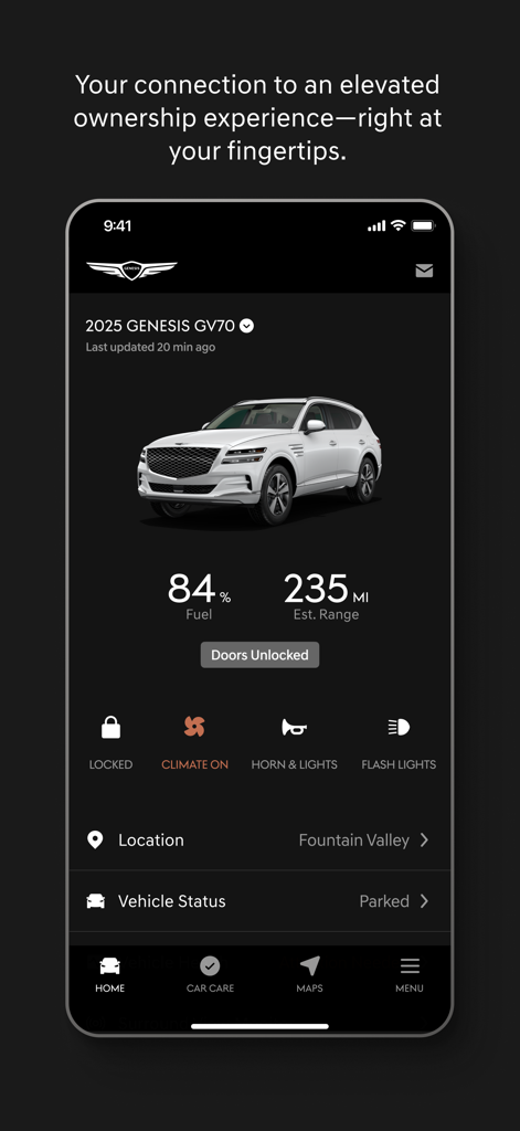 Genesisインテリジェントアシスタントモバイルアプリのインターフェース。車両の状態とリモートコントロールオプションが表示された2025年型Genesis GV70を示しています。