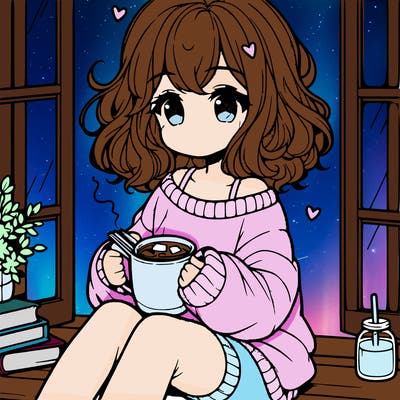 cute anime girl reading book and drinking hot chocolate from mug with loose wavy hair wearing a baggy sweatshirt and shorts sitting by windowsill looking out