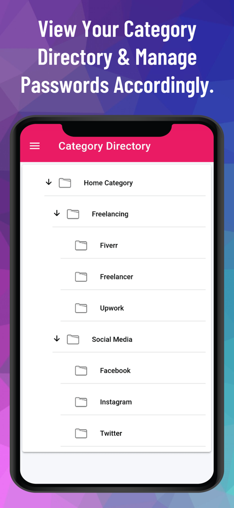 Uma interface móvel que exibe um diretório de categorias hierárquico para organizar palavras-passe em pastas como Freelancing e Redes Sociais.