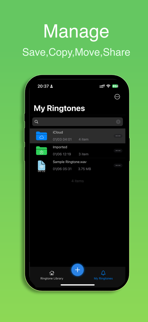 Any Ringtone Maker & Saver - Interface of the Any Ringtone Maker app showing the My Ringtones management screen with iCloud and imported folders