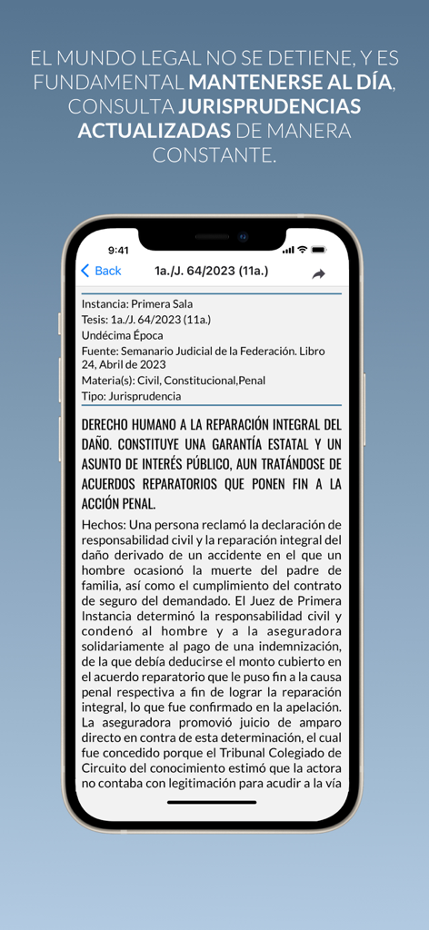 Constitución México - Pantalla de la aplicación Constitución de México mostrando jurisprudencia legal sobre derechos humanos.