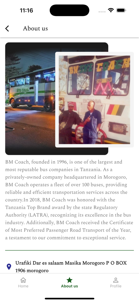 BM Coach - About Us screen of the BM Coach app showing company history and bus fleet photos