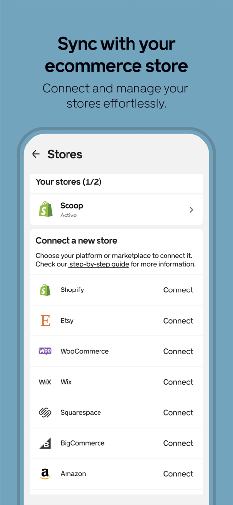 Tela do aplicativo Gelato mostrando opções de conexão de loja de ecommerce para Shopify e Etsy.