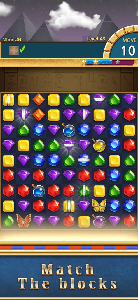 Jewels Pharaoh - Captura de pantalla de jugabilidad del puzzle Match-3 de Jewels Pharaoh con gemas coloridas y tema del Antiguo Egipto.
