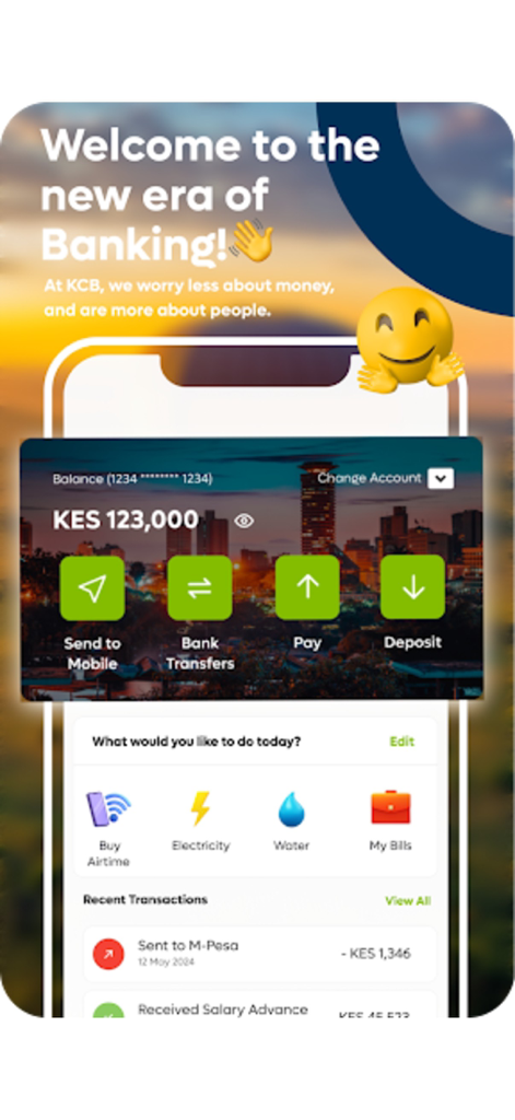 KCB Mobile TZ - KCB Mobile TZ app dashboard showing account balance and bill payment options