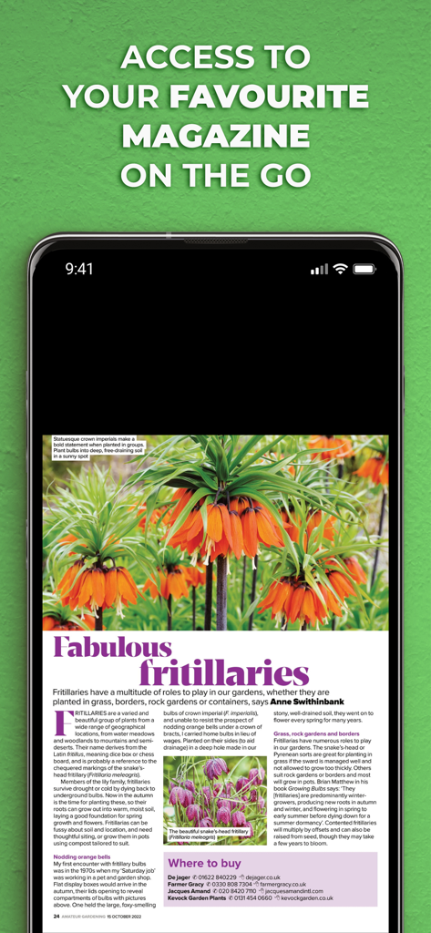 Smartphone screen displaying a digital magazine article titled Fabulous fritillaries with vibrant flower photography