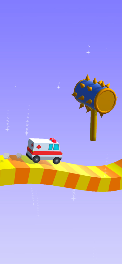 Car racing games truck race 3d - An ambulance driving on a striped yellow track towards a spiked hammer obstacle in a 3D racing game.