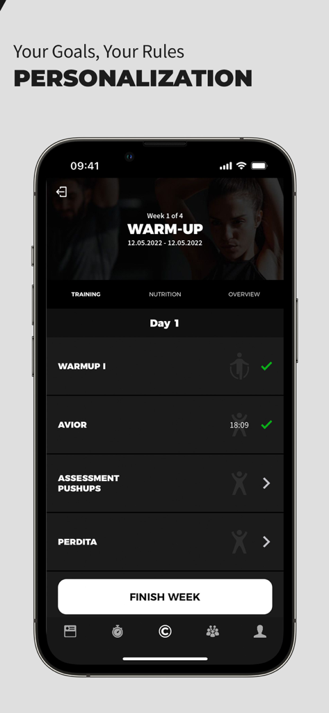 A mobile app screen displaying a personalized weekly workout plan with specific exercises and progress tracking
