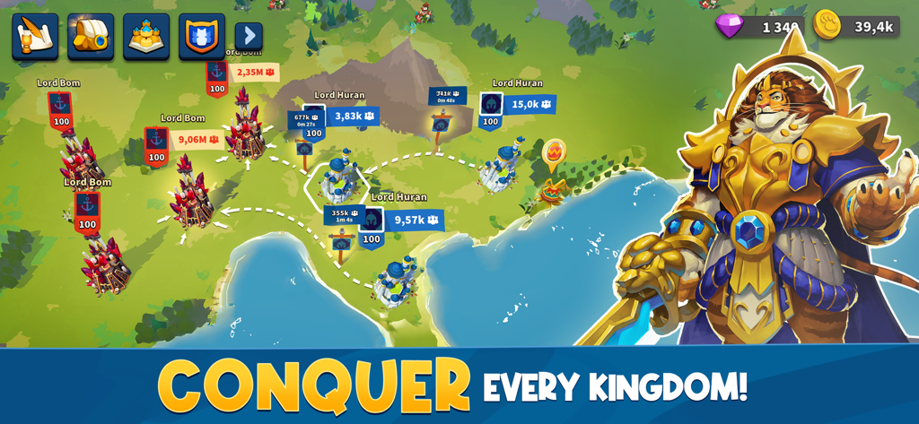 Tactical world map in Million Lords: World Conquest with a lion warrior character and the text Conquer Every Kingdom.
