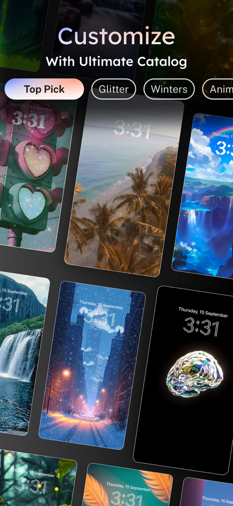 A collection of aesthetic live wallpapers for iPhone including beach, winter, and glitter themes