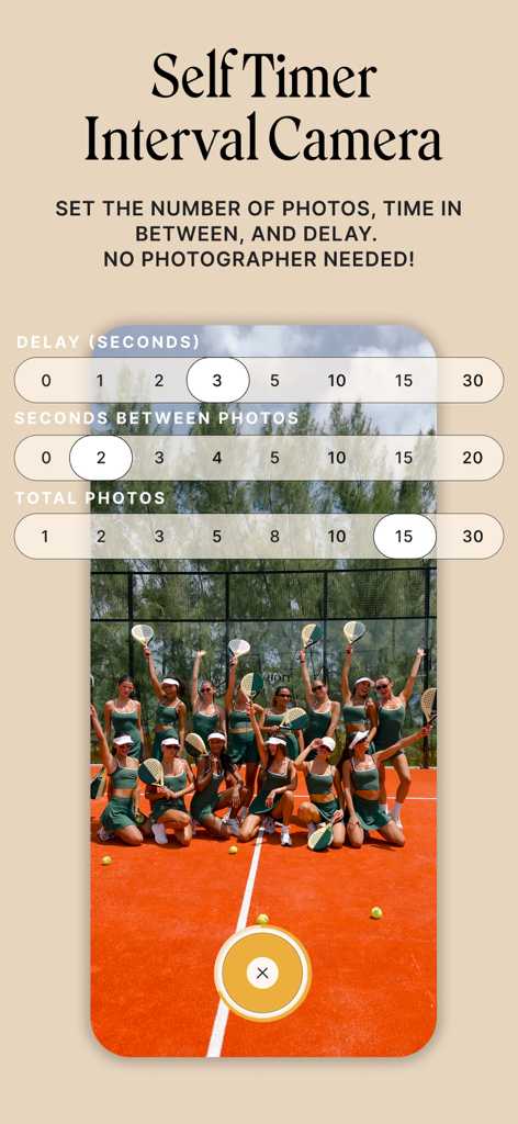 Phlow: Camera & Photo Editor - Interface for Phlow app showing self-timer and interval camera settings for solo content creators