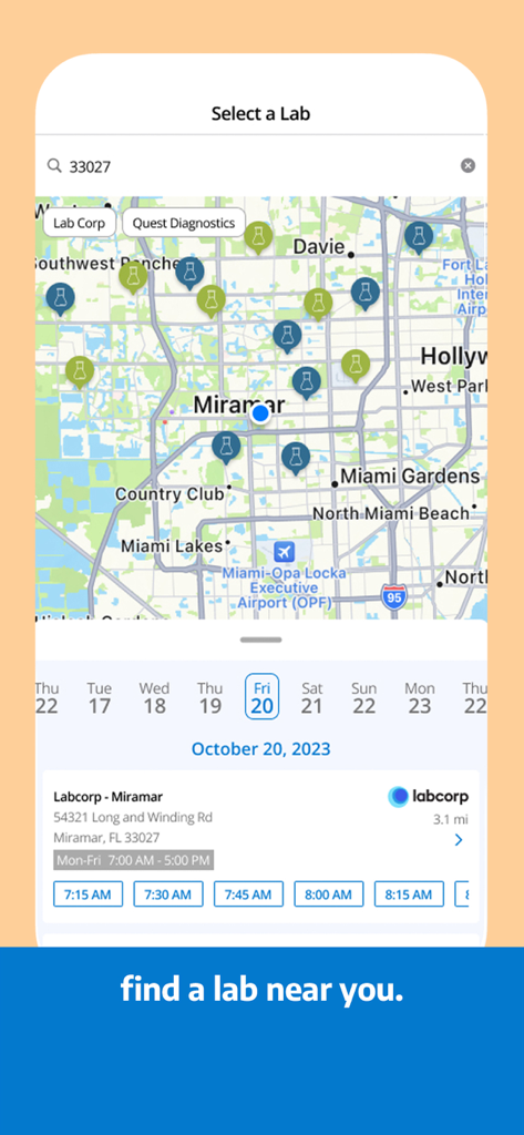 MDLIVE app interface showing a map of nearby lab locations with available appointment times for medical tests.