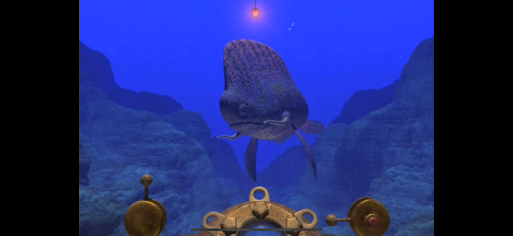 Riven (Legacy) for Mobile - A large Wahrk creature swimming underwater viewed through a mechanical portal in Riven Legacy for Mobile.