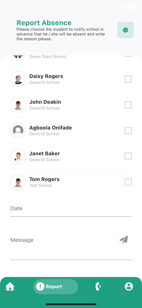 DirectSchool app screen for reporting a student absence with list of children and message field.