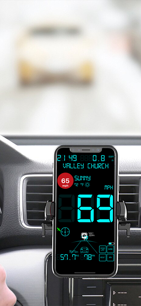 iPhone mounted on a car dashboard displaying the Speedmeter app with a digital speedometer and weather information