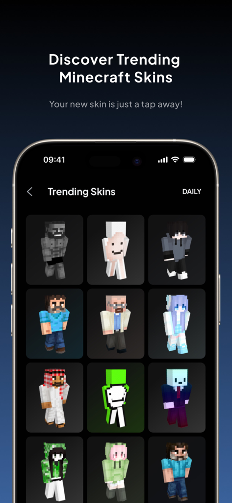 A mobile screen showing a grid of trending Minecraft skins including various character styles and themes.