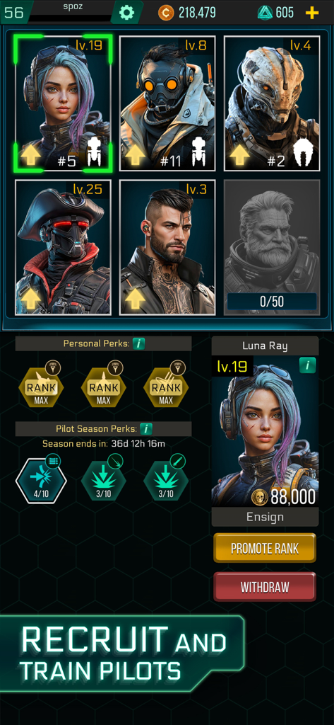 Space Arena mobile game screen showing pilot recruitment and training with character portraits and perks.