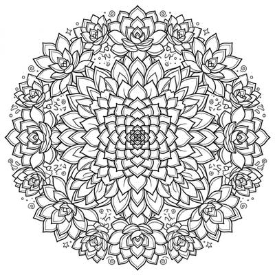 Dive into the calming world of botanical art with this stunning succulent mandala coloring page. Its intricate patterns, formed by delicate plant rosettes, promise hours of relaxing and rewarding creative expression.