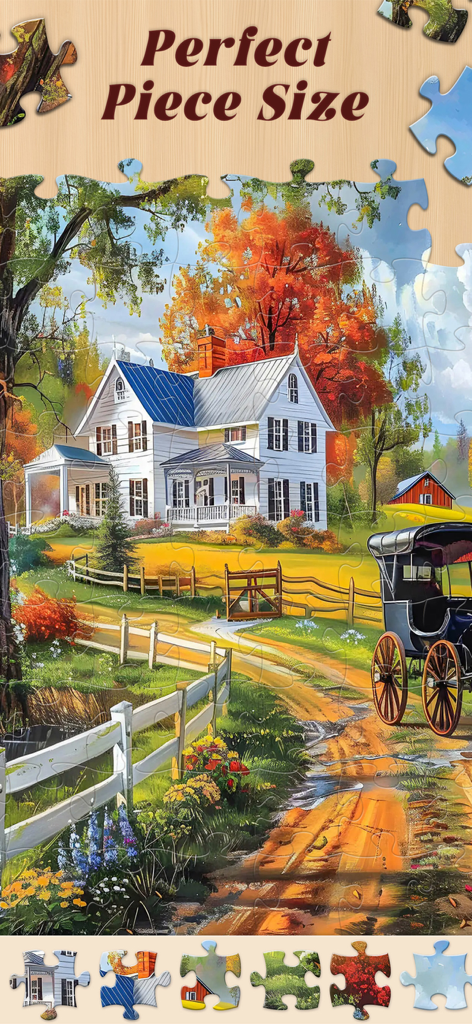 Jigsaw Master - Jigsaw Puzzles - Un rompecabezas digital de alta definición de una granja blanca escénica y un carruaje de caballos con piezas listas para ser colocadas