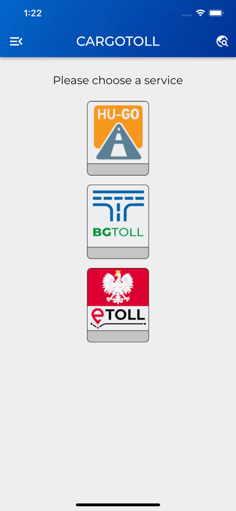 Interface of the CargoTrack GPS App showing options to select European toll services like HU-GO, BG TOLL, and eTOLL.