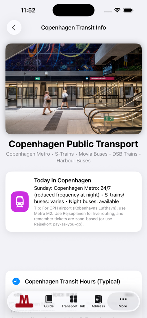 App screen showing Copenhagen public transport information and subway service hours