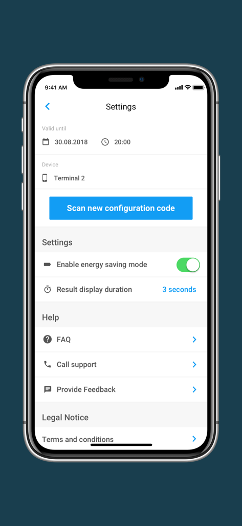 Access Scan-App - Schermata delle impostazioni dell'App Eventim Access Scan con opzioni di configurazione e aiuto
