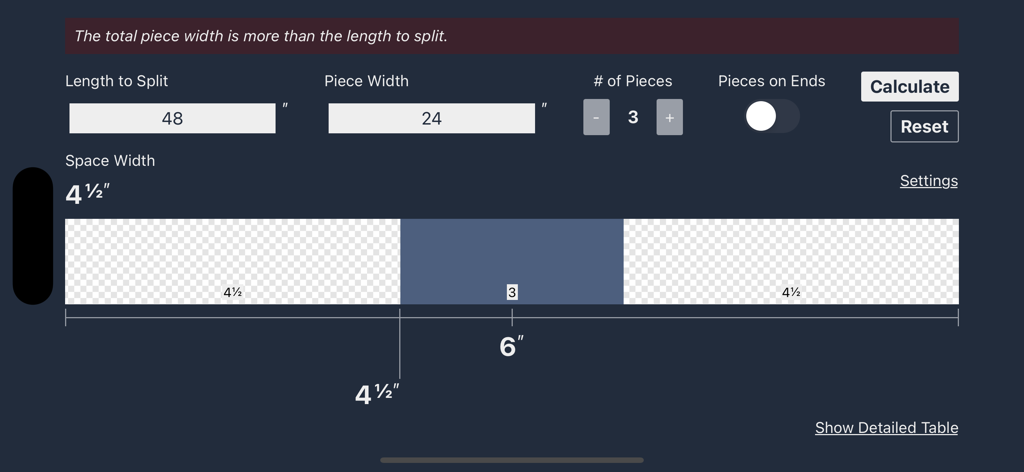 Measurement layout screen of the Even Spacing Calculator app showing spacing calculations for woodworking and construction projects