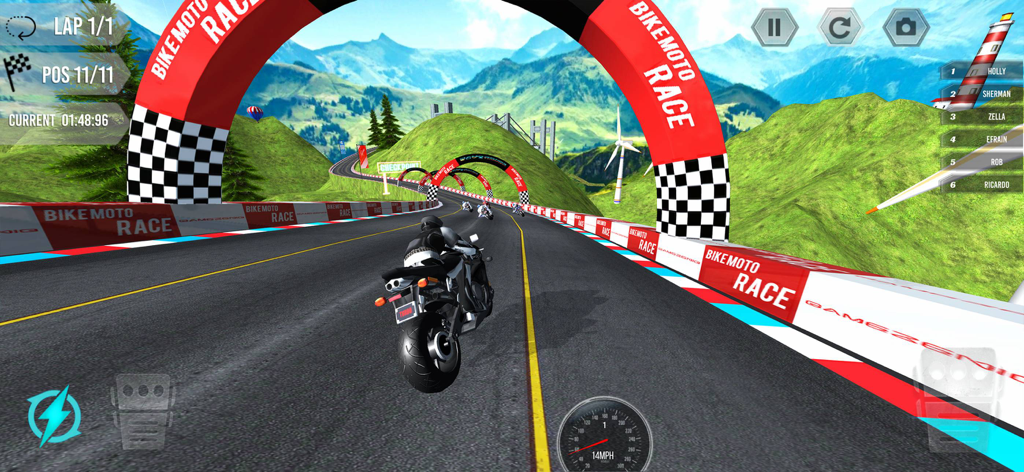 Bike Racing - Turbo Moto Race - Third person view of a motorcycle racing on a winding mountain track with green hills