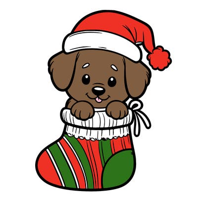 cute puppy wearing santa hat in socking