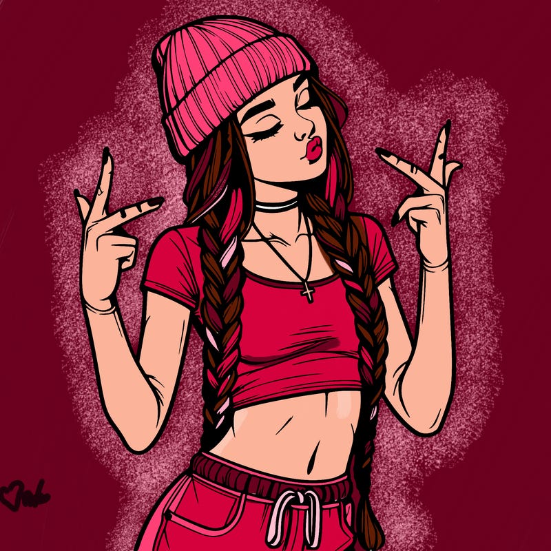 realistic teenage girl with braids and a beanie and crop top doing 🫶🏼