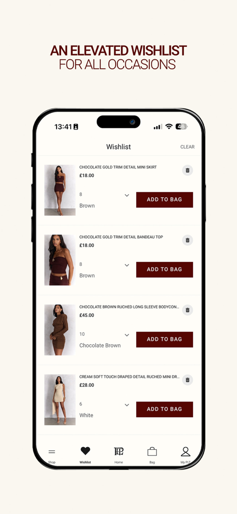 PrettyLittleThing app interface showing the wishlist section with various clothing items and add to bag buttons