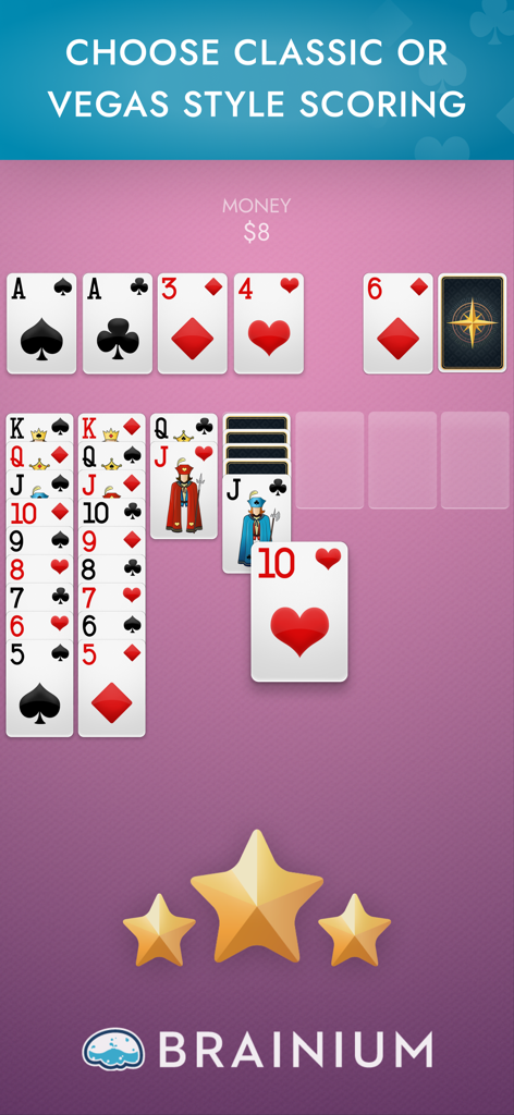 A screenshot of Solitaire Classic Card Games showing the Vegas style scoring feature with cards on a pink background.