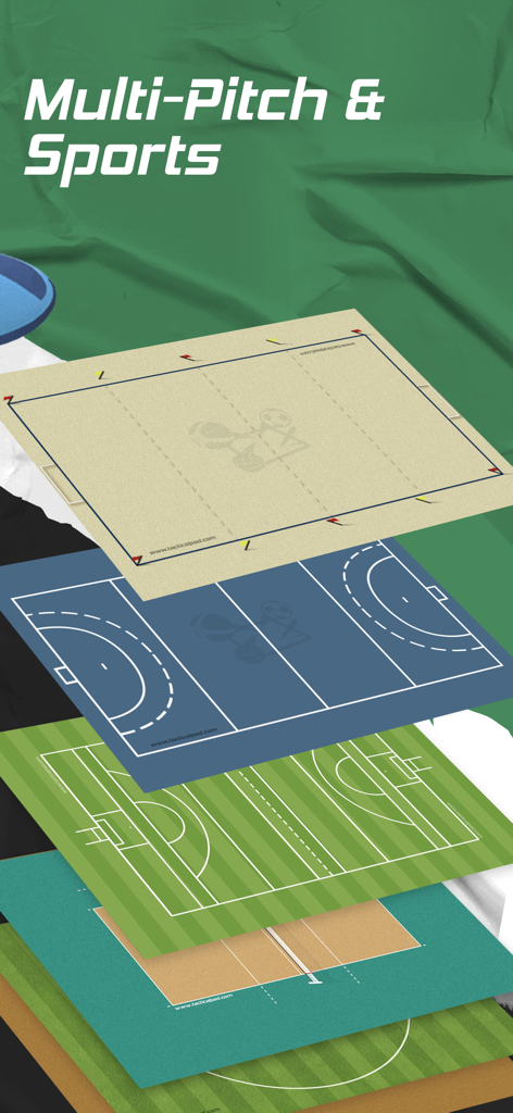 TacticalPad Coach's Whiteboard - Stacked graphic of various sports pitches including soccer and lacrosse fields available in TacticalPad