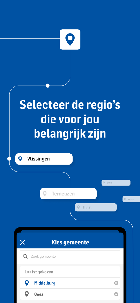 PZC nieuws - Regional selection screen in the PZC news app for choosing local municipalities in Zeeland