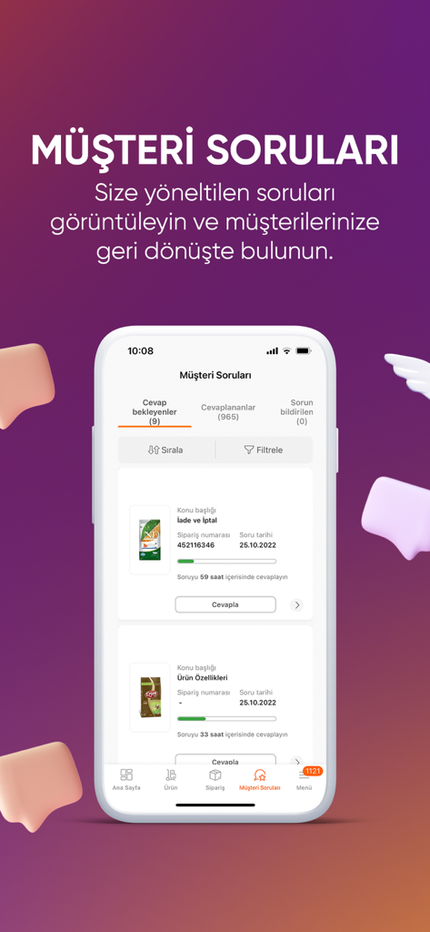 Hepsiburada İş Ortağım app interface displaying customer questions for e-commerce sellers to manage and respond to inquiries