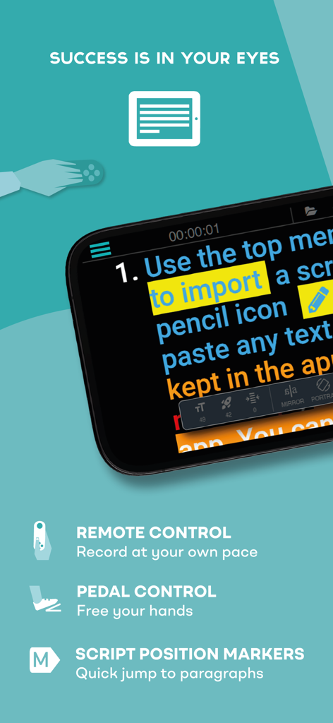TeleprompterPAD - Interface do aplicativo TeleprompterPAD destacando o controle remoto e o suporte a pedal para produção de vídeo profissional